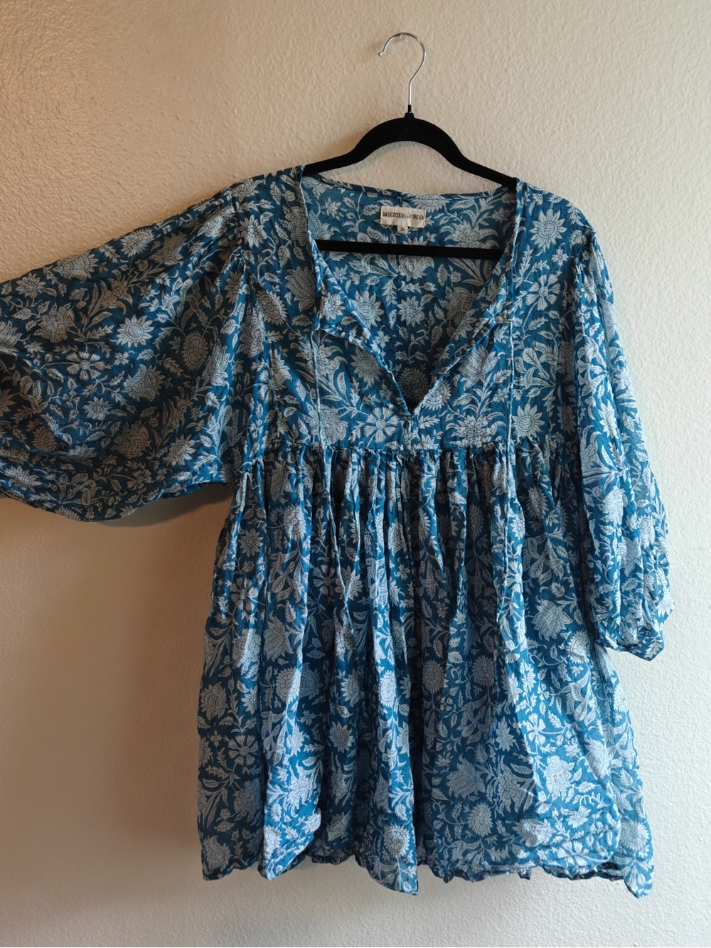 Daughters of India Ria Mini Dress Sky Blue Floral Cotton XL